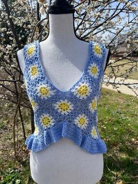 Altar'd State Blue Daisy Floral Crochet Crop Top with Peplum Hem